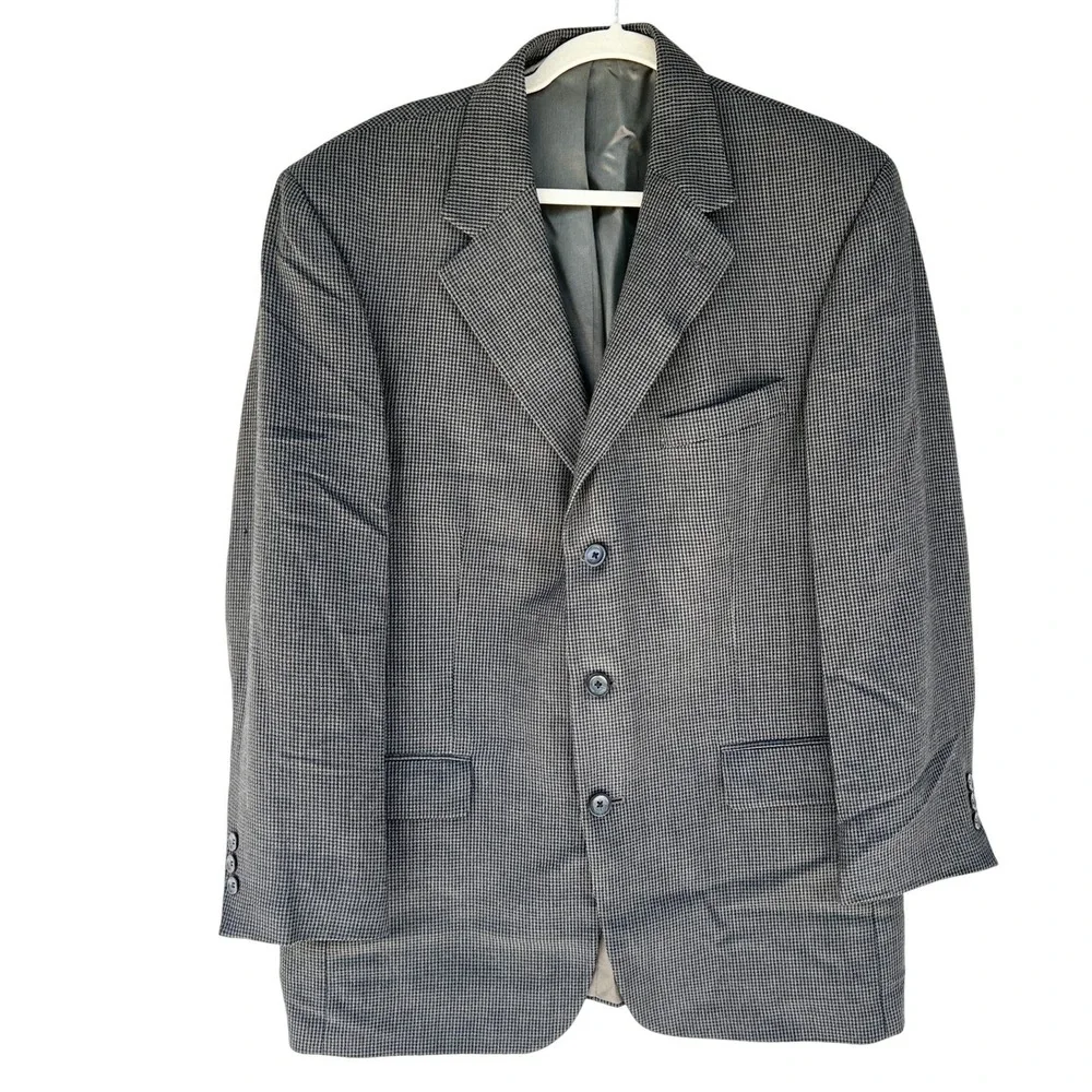 Oscar de la Renta‎ Mens 42R Wool Blazer Grey Black Houndstooth 3-Button Coat